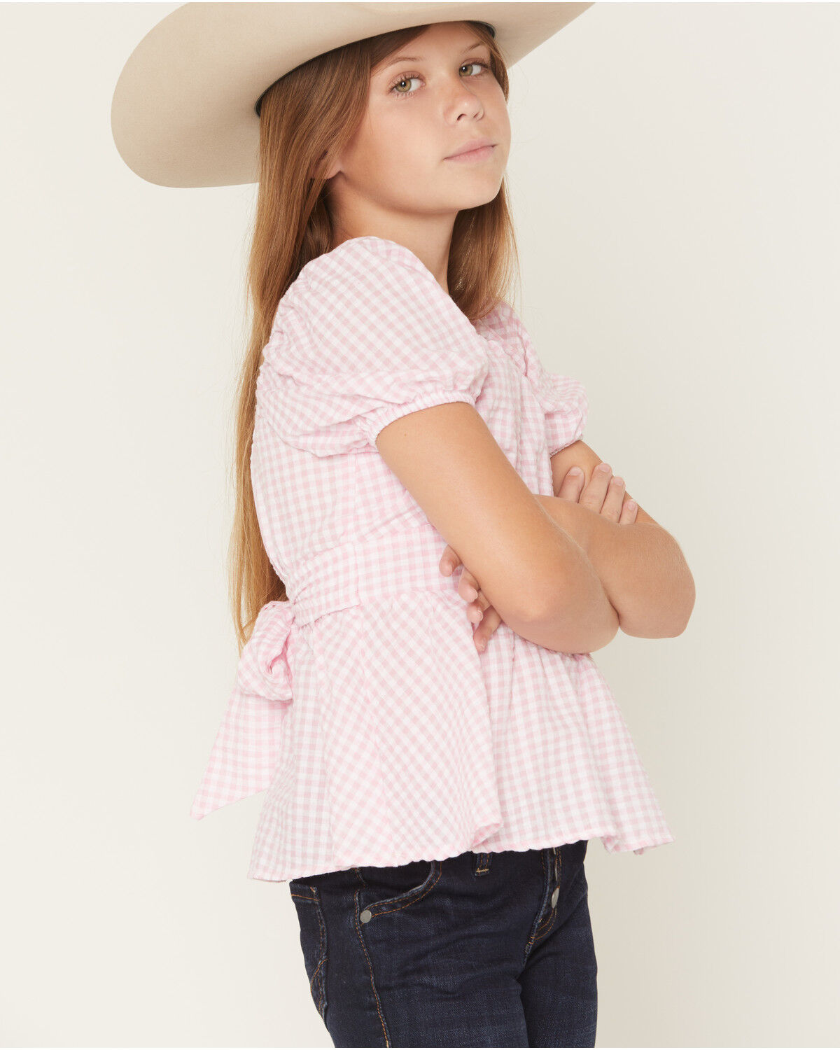 Image #2 - Originality Girls' Emma Gingham Short Puff Sleeve Ruffle Shirt, Pink, hi-res