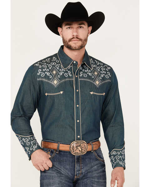 Image #1 - Scully Men's Denim Scroll Embroidered Long Sleeve Pearl Snap Western Shirt , Navy, hi-res