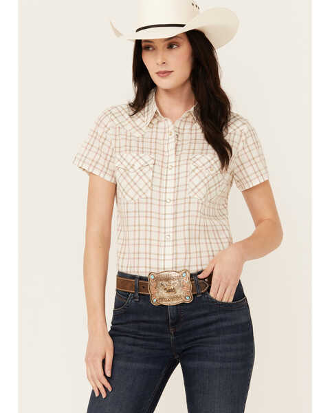 Wrangler Women's Plaid Print Short Sleeve Pearl Snap Western Shirt , Cream, hi-res