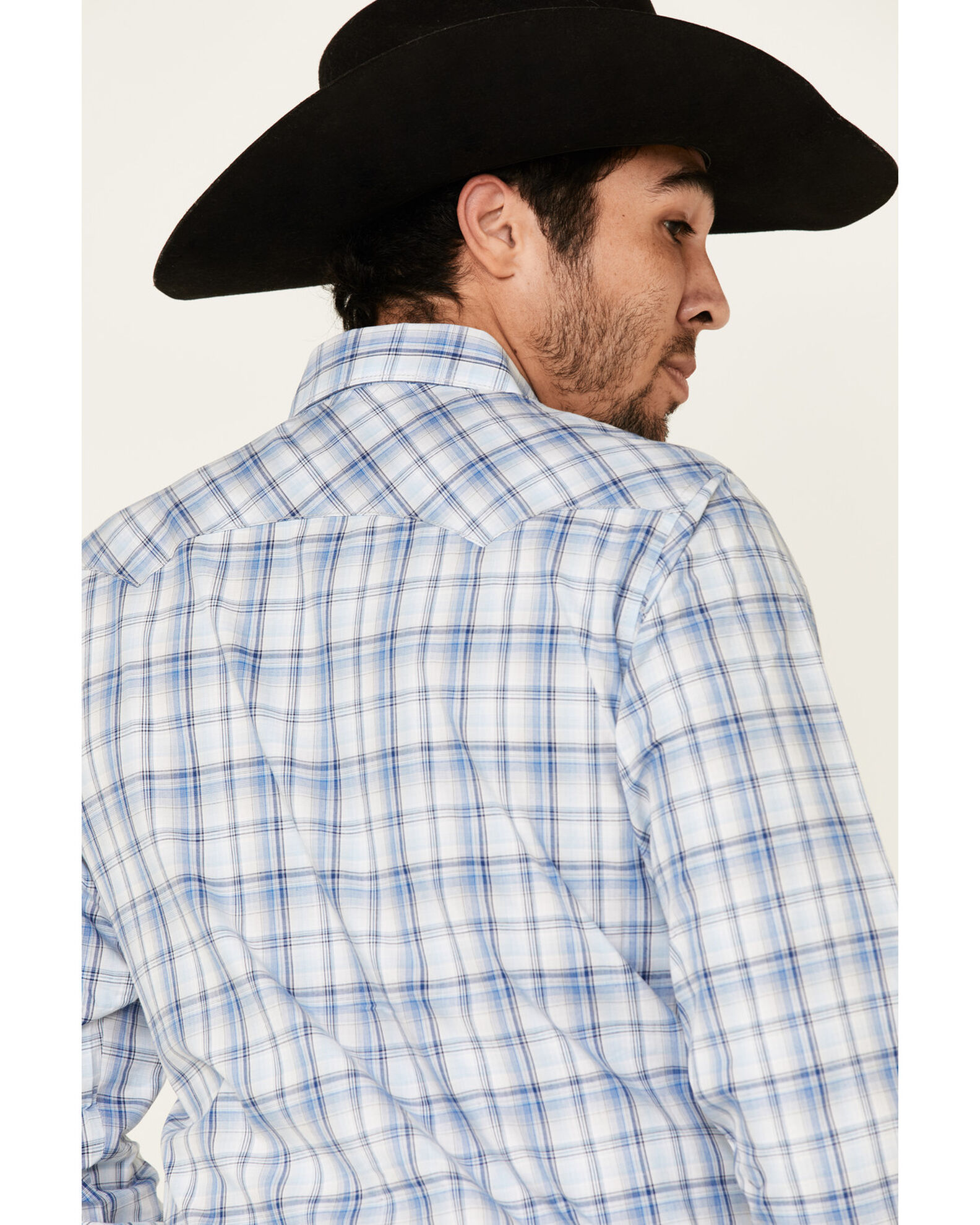 Image #5 - Wrangler Retro Men's Small Plaid Long Sleeve Western Shirt, Blue, hi-res