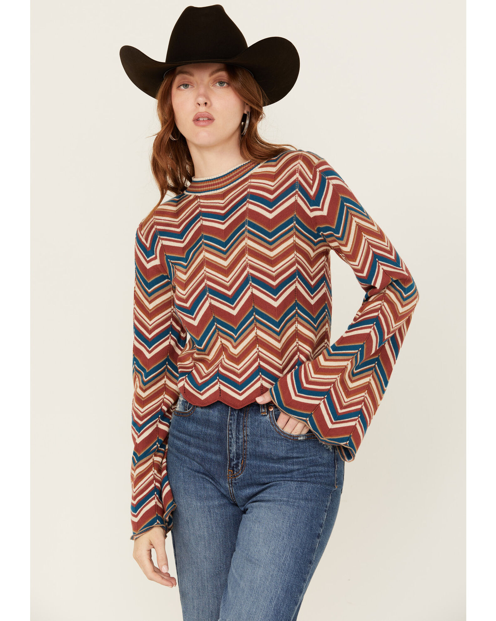 Rock Roll Denim Women s Zig Zag Print Long Sleeve Bell Sweater