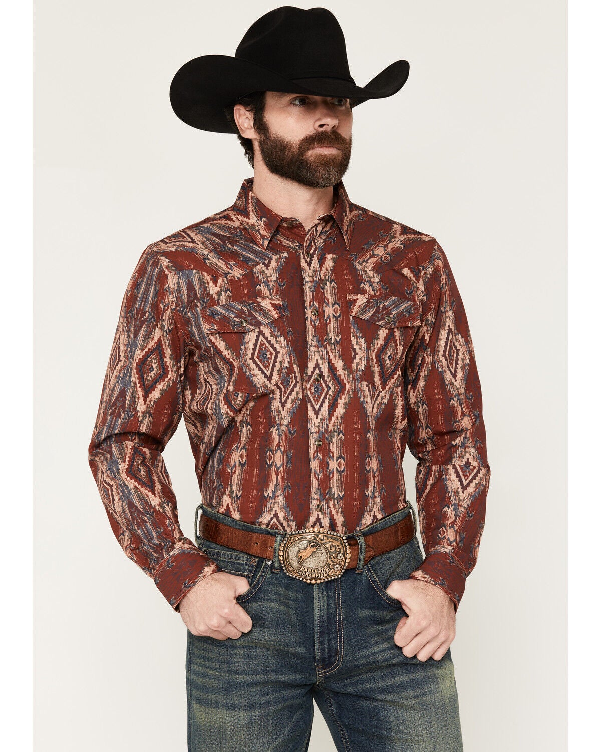 Image #1 - RANK 45&reg; Men's Fireball Southwestern Long Sleeve Snap Stretch Performance Western Shirt, Red, hi-res