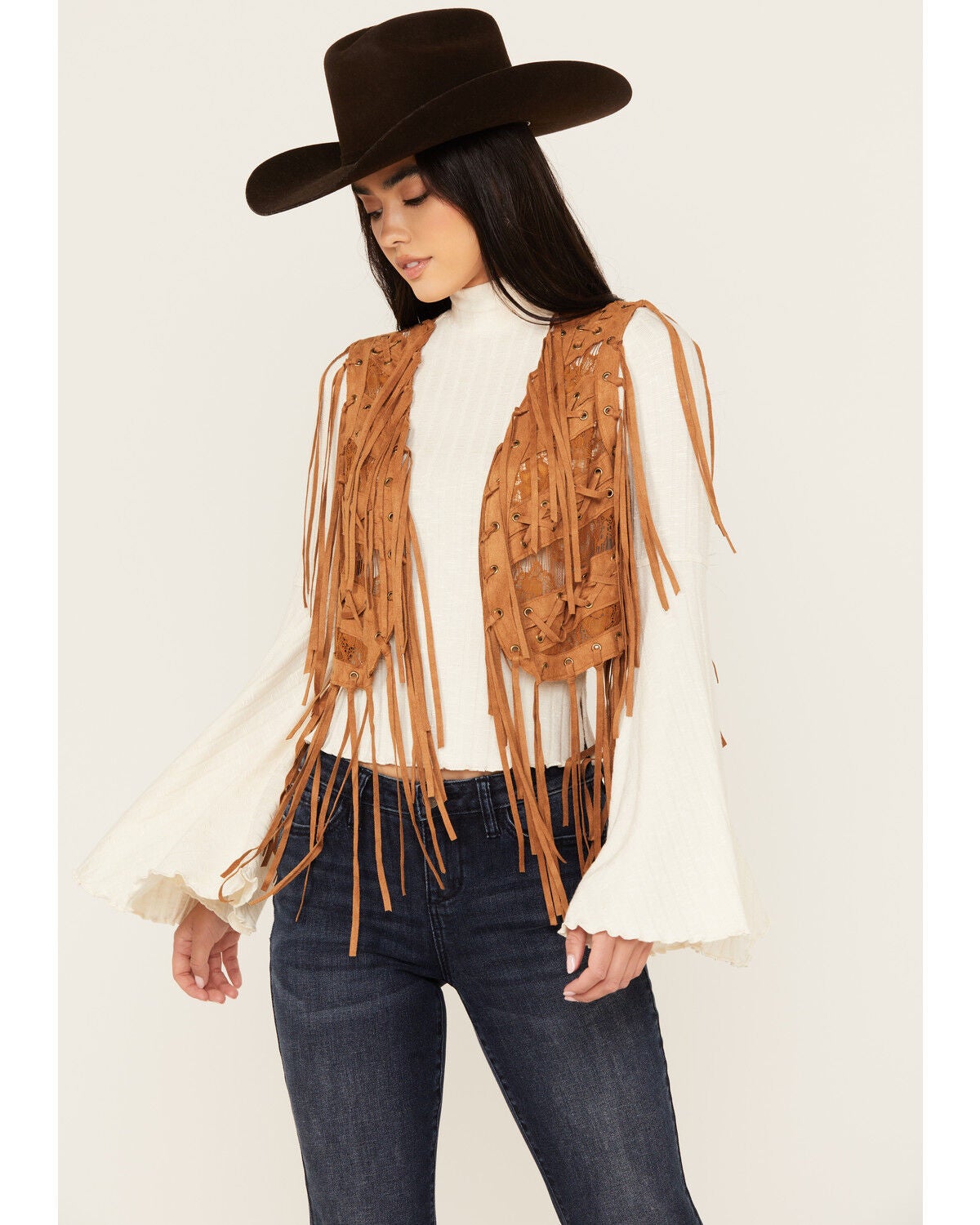 Vocal Women's Braided Lace Fringe Vest, Camel, hi-res