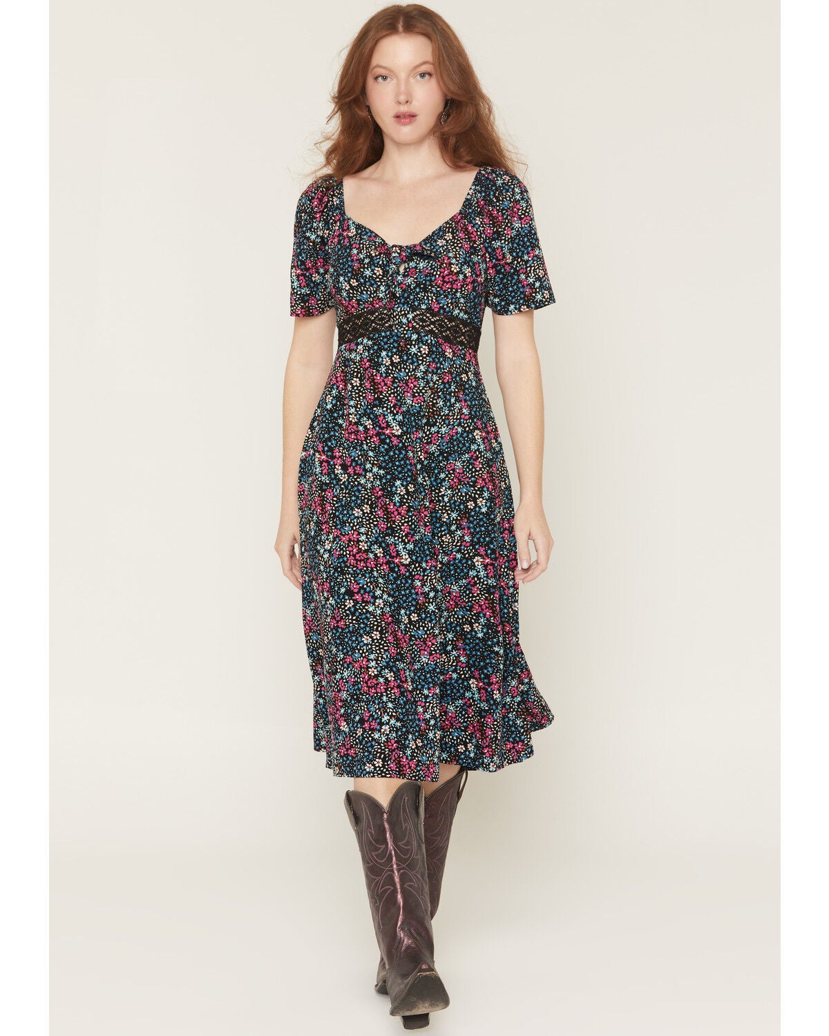 Image #3 - Idyllwind Women's Dudley Floral Print Short Sleeve Tie-Front Midi Dress, Black, hi-res