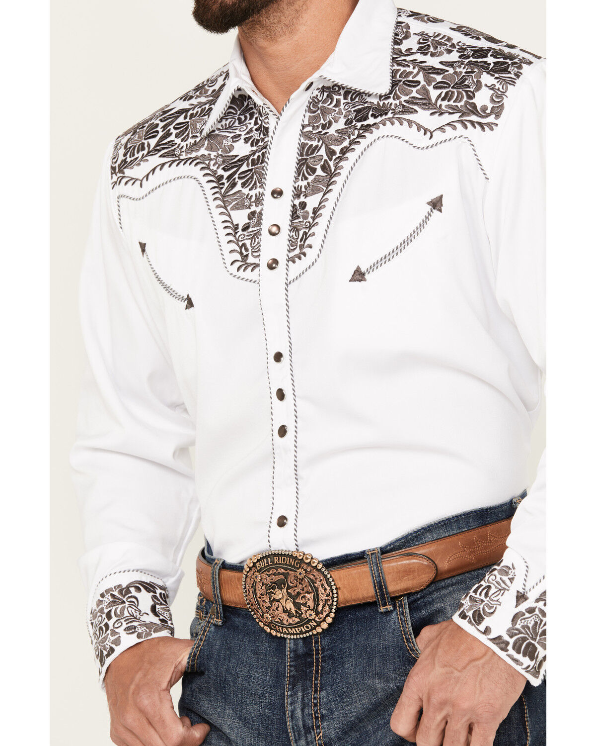 Image #3 - Scully Men's Embroidered Gunfighter Long Sleeve Snap Western Shirt, Steel, hi-res