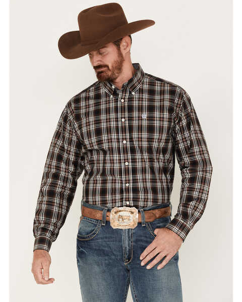 Cinch Men's Plaid Print Long Sleeve Button-Down Western Shirt , Brown, hi-res