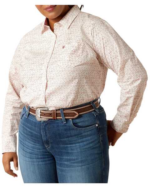 Ariat Women's Kirby Stretch Star Print Button-Down Long Sleeve Western Shirt - Plus, White, hi-res