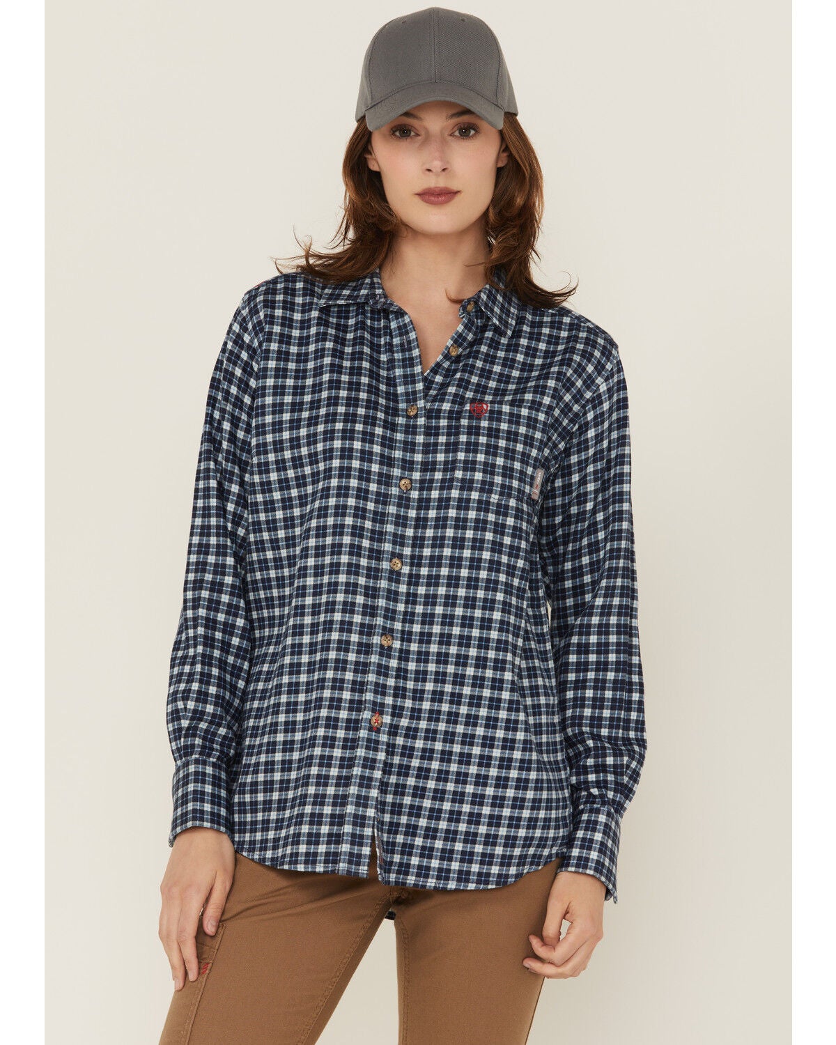 Image #1 - Ariat Women's FR Angeles Plaid Print Long Sleeve Button-Down Work Shirt, Navy, hi-res