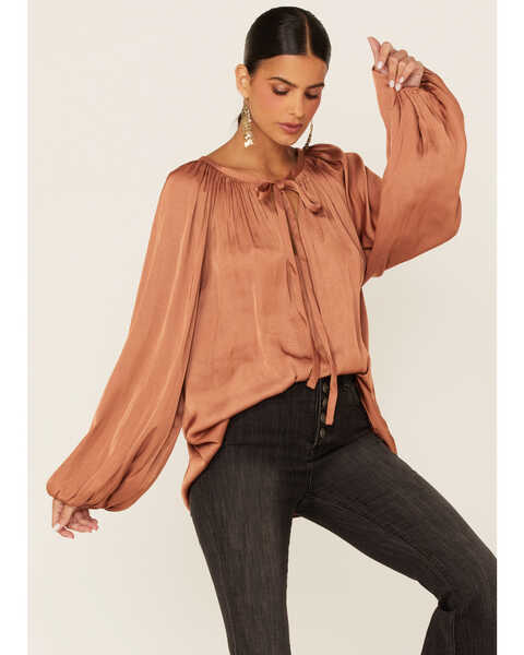 By Together Women's Burgundy Tie Front Long Sleeve Top , Rust Copper, hi-res