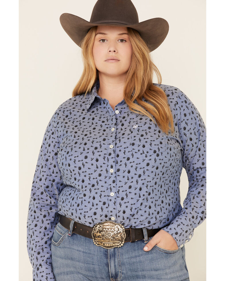 Ariat Women's Wrinkle Resist Desert Spring Kirby Long Sleeve Western Shirt - Plus, Indigo, hi-res