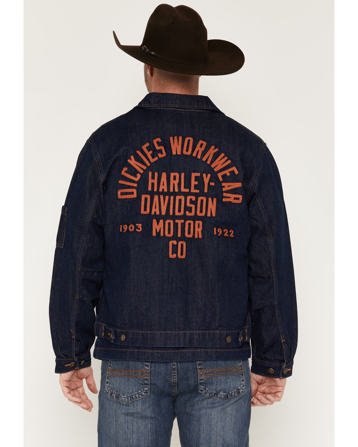 Image #1 - Dickies X Harley Davidson Men's Dark Wash Embroidered Zip-Up Denim Jacket, Dark Wash, hi-res