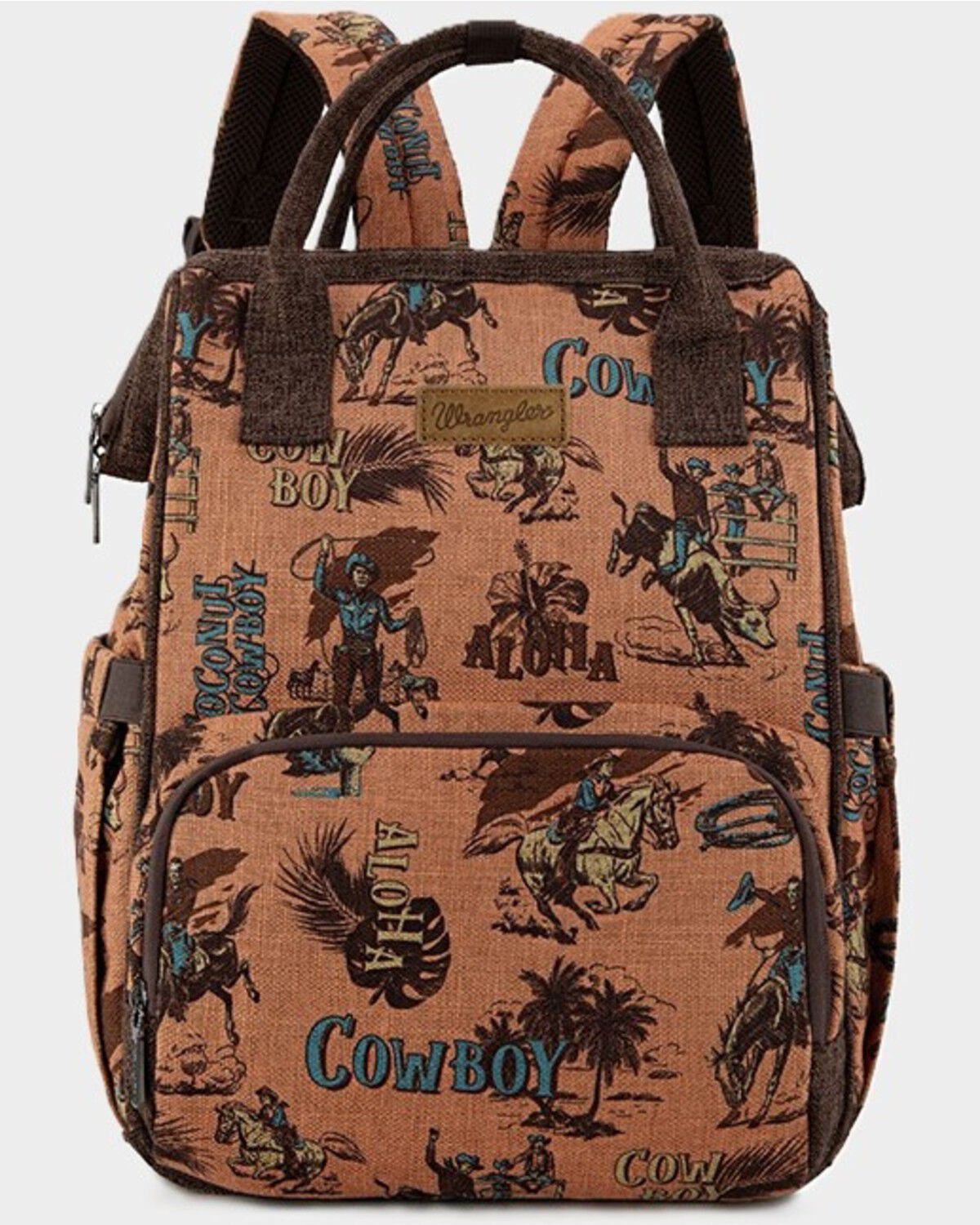 Image #2 - Wrangler Vintage Retro Cowboy Cool Print Backpack, Brown, hi-res