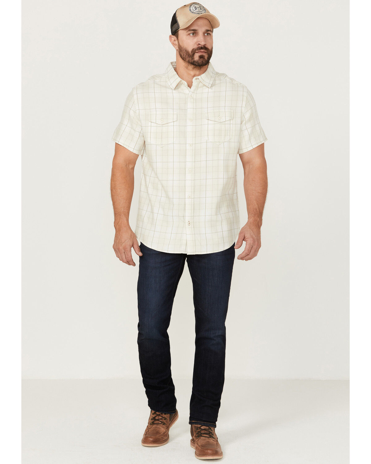Image #2 - Brothers and Sons Men's Large Plaid Short Sleeve Button Down Western Shirt, Cream, hi-res