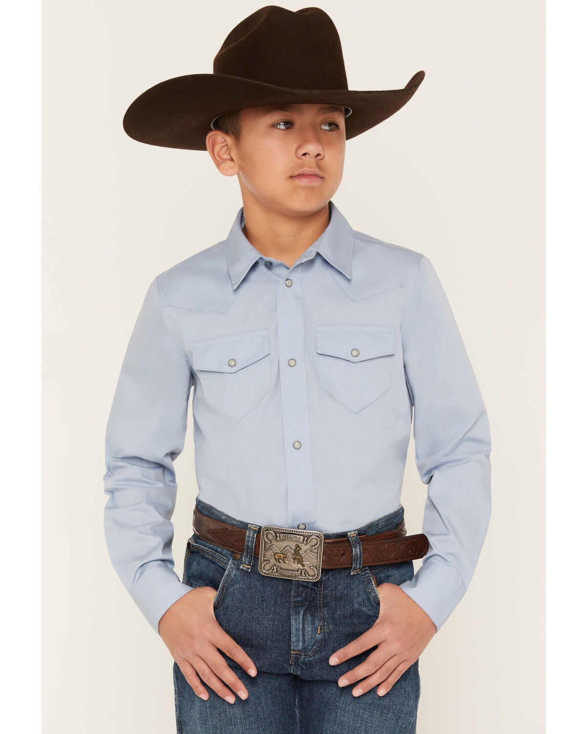 Image #1 - Gibson Trading Co Boys' Solid Long Sleeve Snap Western Shirt, Medium Blue, hi-res