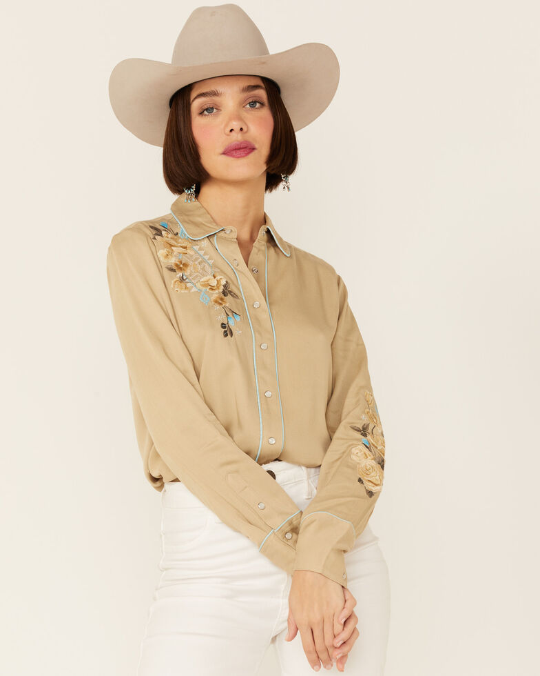 Stetson Women's Tan Floral Embroidered Twill Long Sleeve Snap Western Shirt , Tan, hi-res