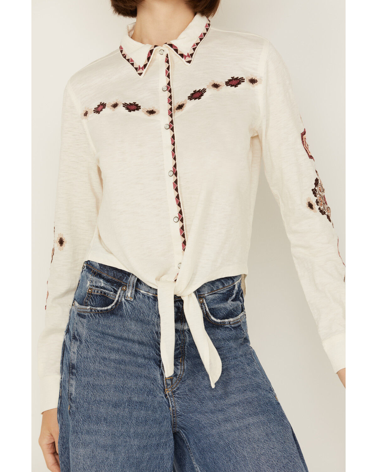 Image #3 - Shyanne Women's Tie-Front Embroidered Long Sleeve Snap Western Shirt, Cream, hi-res