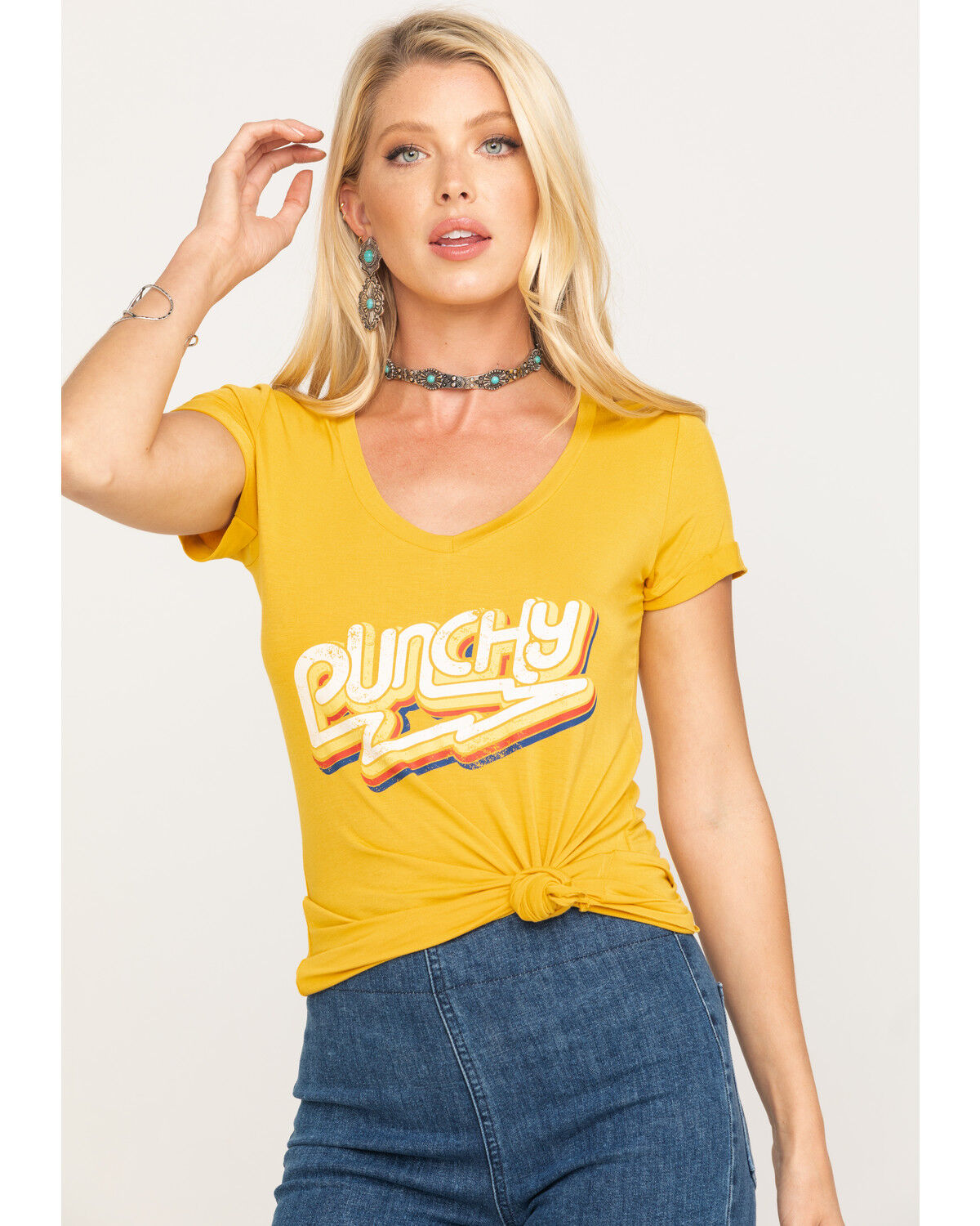 Image #5 - Rock & Roll Denim Women's V-Neck Punchy Graphic Tee, Dark Yellow, hi-res
