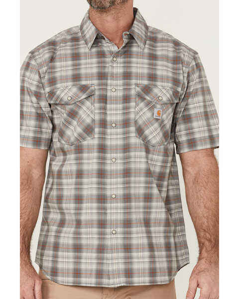Carhartt Men's Rugged Flex Steel Plaid Print Relaxed Short Sleeve Snap Western Shirt , Steel, hi-res