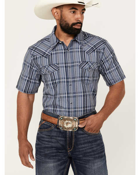 Cody James Men's Blue Lights Plaid Print Short Sleeve Snap Western Shirt , Light Blue, hi-res