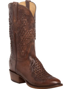 Lucchese Men's Aiden Chocolate Woven Leather Inlay Western Boots - Round Toe, Chocolate, hi-res