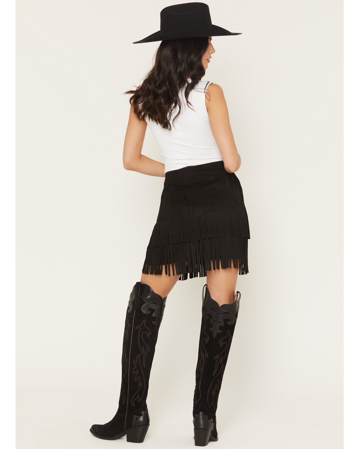 Image #3 - Fornia Women's Faux Suede Fringe Mini Skirt, Black, hi-res
