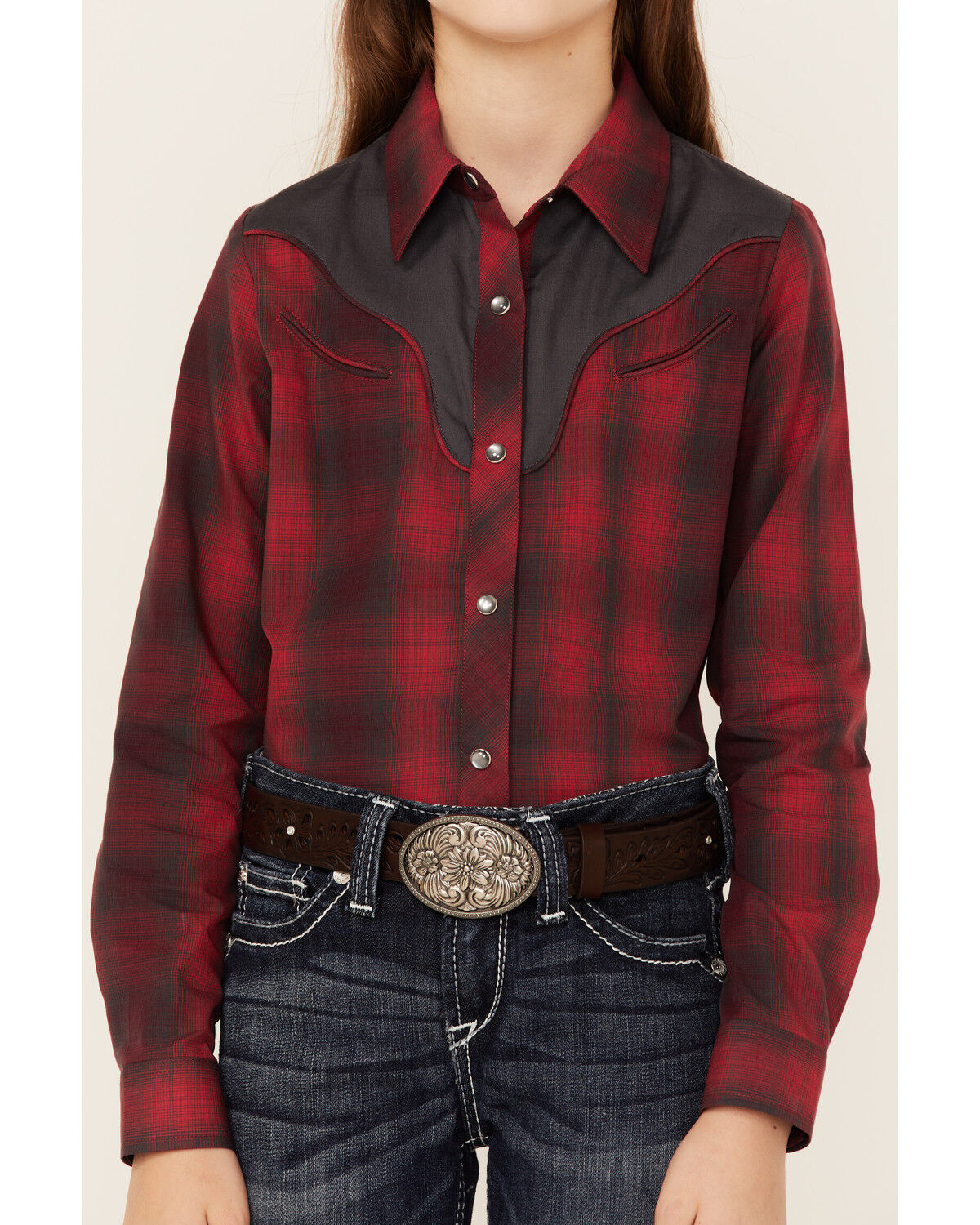Image #2 - Roper Girls' Fancy Applique Plaid Long Sleeve Snap Western Shirt, Red, hi-res