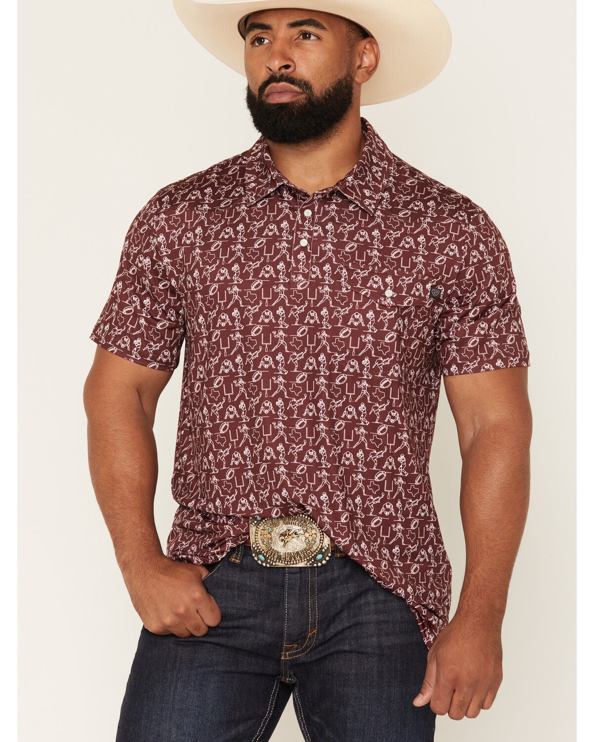 Rock & Roll Denim Men's Game Day Short Sleeve Snap Polo, Maroon, hi-res