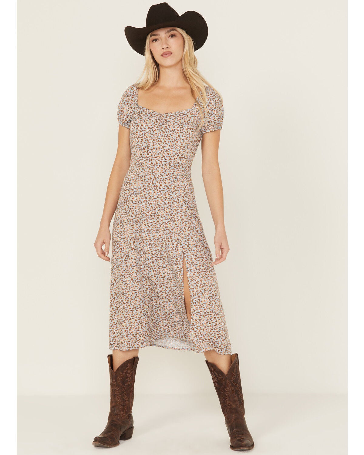 Idyllwind Women's Beth Ditsy Print Puff Sleeve Midi Dress, Caramel, hi-res