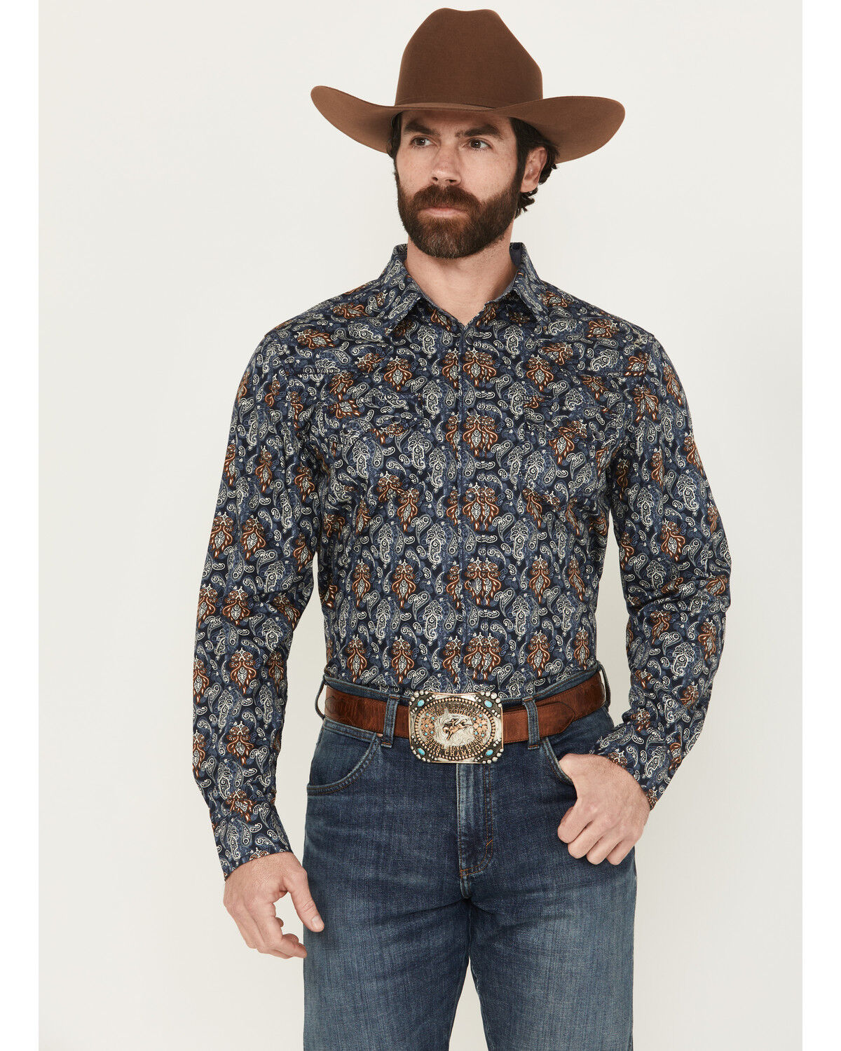 Image #1 - Cody James Men's Rodeo Ritz Paisley Print Long Sleeve Snap Western Shirt, Navy, hi-res