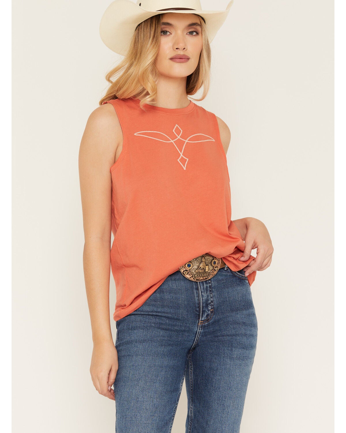 Image #1 - Shyanne Women's Bootstitch Sleeveless Embroidered Tank Top, Coral, hi-res