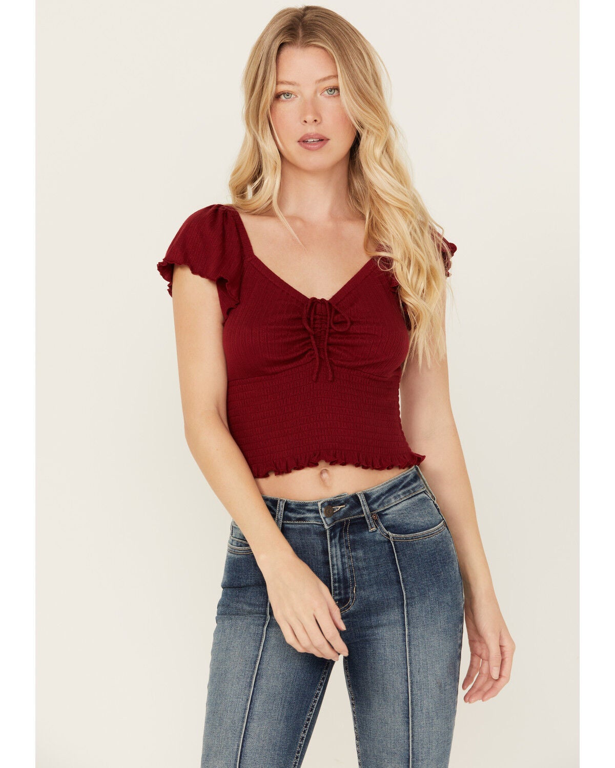 Image #1 - Idyllwind Women's Pointe Flutter Sleeve Smocked Top, Dark Red, hi-res