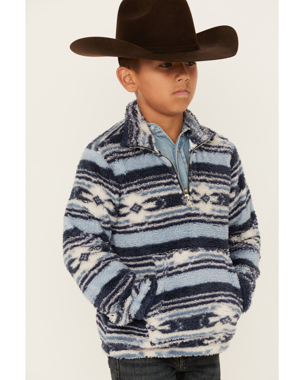Image #2 - Rock & Roll Denim Boys' Southwestern Striped Fuzzy 1/4 Zip Pullover, Blue, hi-res