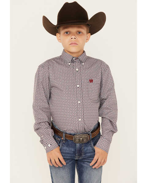 Cinch Boys' Print Long Sleeve Button-Down Western Shirt , Purple, hi-res