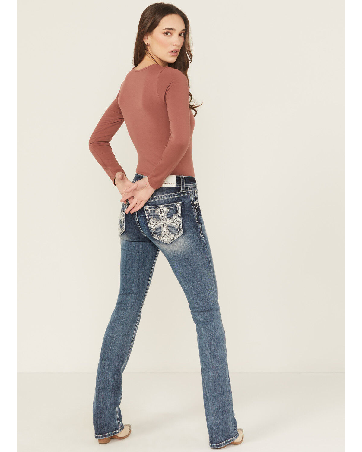Image #1 - Grace In LA Women's Medium Wash Mid Rise Embroidered Cross Bootcut Stretch Denim Jeans, Medium Wash, hi-res