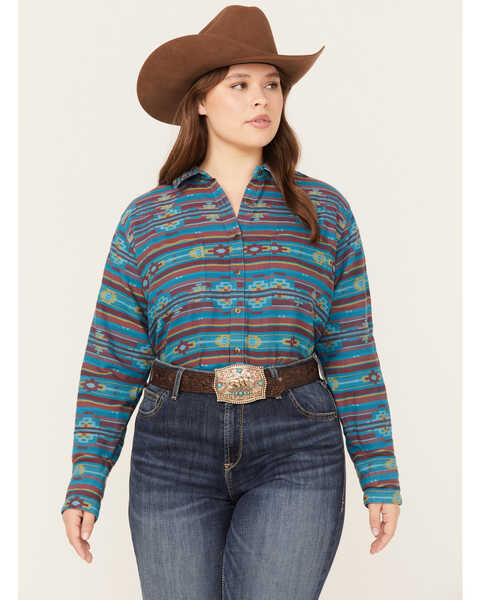 Ariat Women's R.E.A.L. Southwestern Print Billie Rae Long Sleeve Button Down Western Shirt - Plus, Teal, hi-res