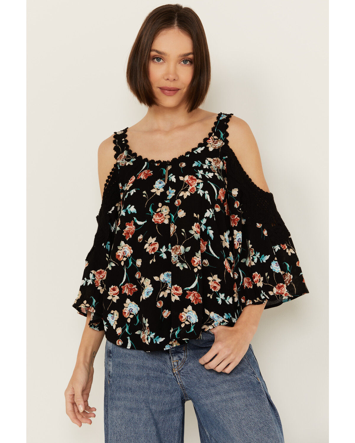 Image #1 - Wild Moss Women's Floral Print Crochet Cold Shoulder Top, Black, hi-res