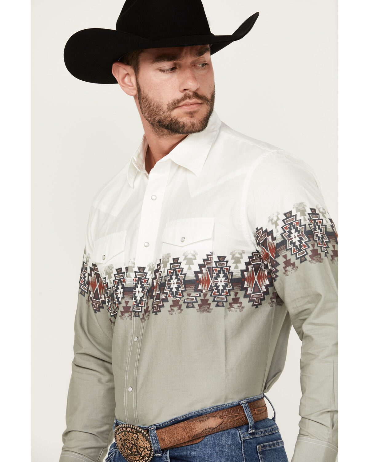 Image #2 - Wrangler Men's Checotah Border Print Long Sleeve Pearl Snap Western Shirt, White, hi-res