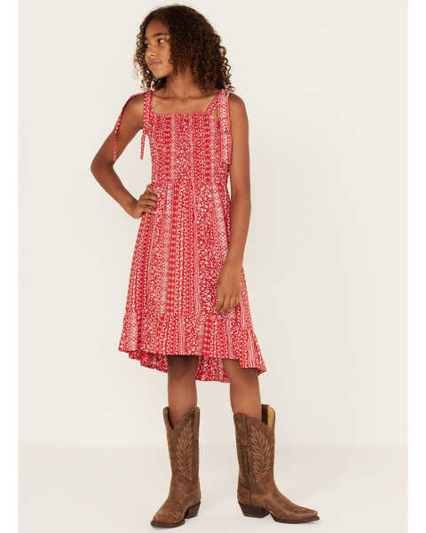 Cotton & Rye Girls' Floral Stripe Print Midi Dress, Red, hi-res