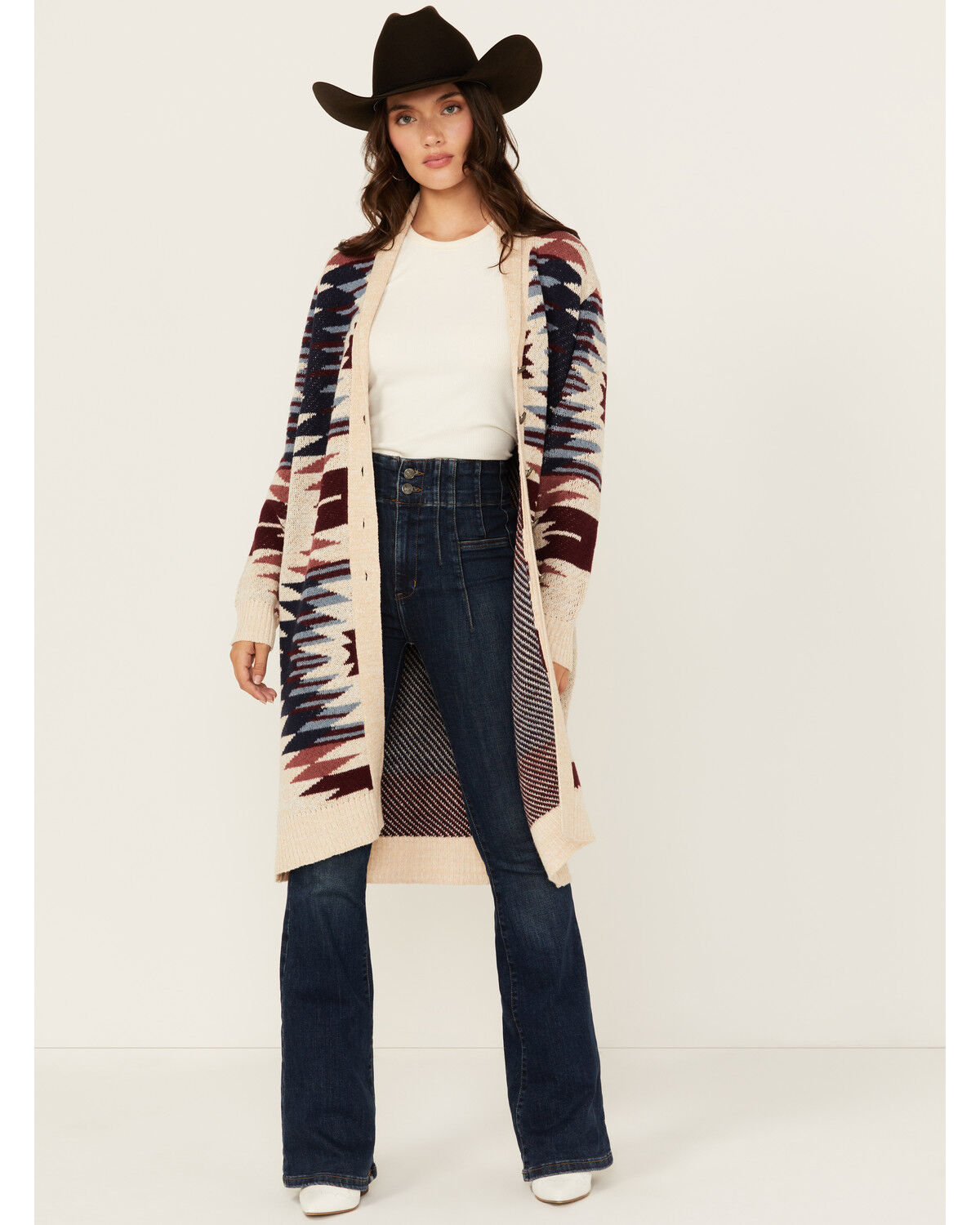 Image #1 - Shyanne Women's Southwestern Print Long Sleeve Button-Down Long Cardigan, Beige, hi-res