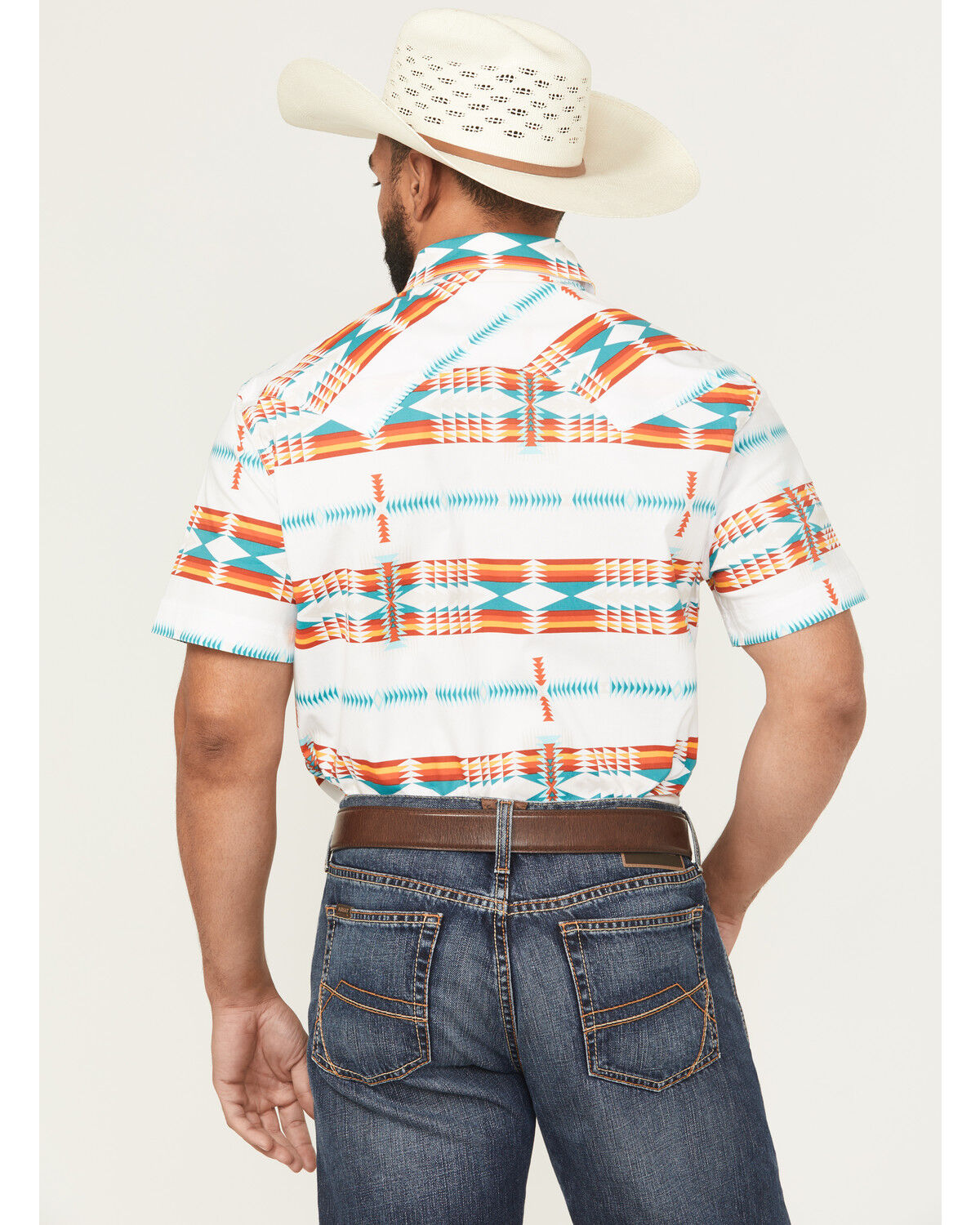 Image #4 - Rock & Roll Denim Men's Southwestern Print Short Sleeve Snap Stretch Western Shirt, White, hi-res