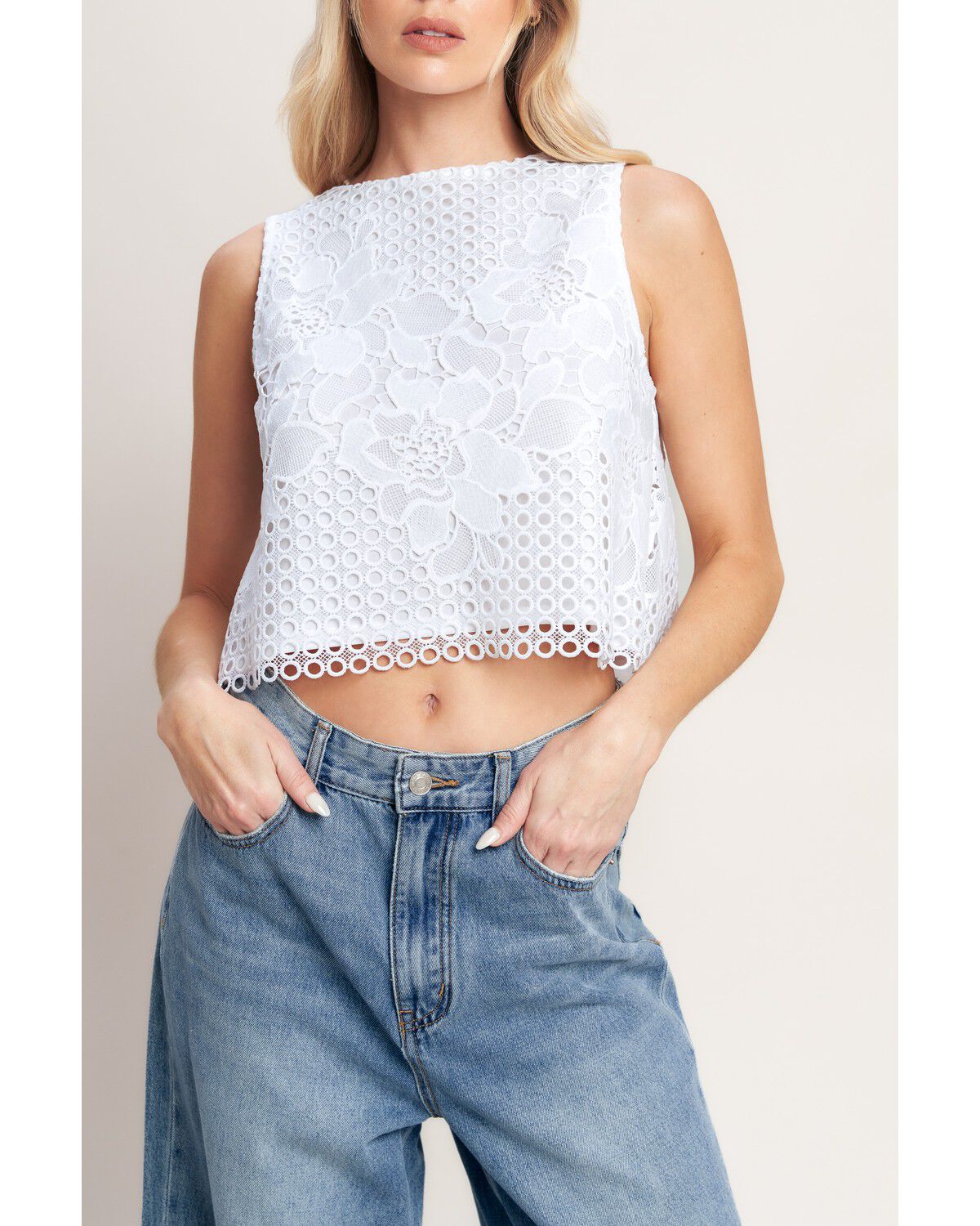 Image #2 - Flying Tomato Women's Sleeveless Floral Lace Cropped Blouse, White, hi-res