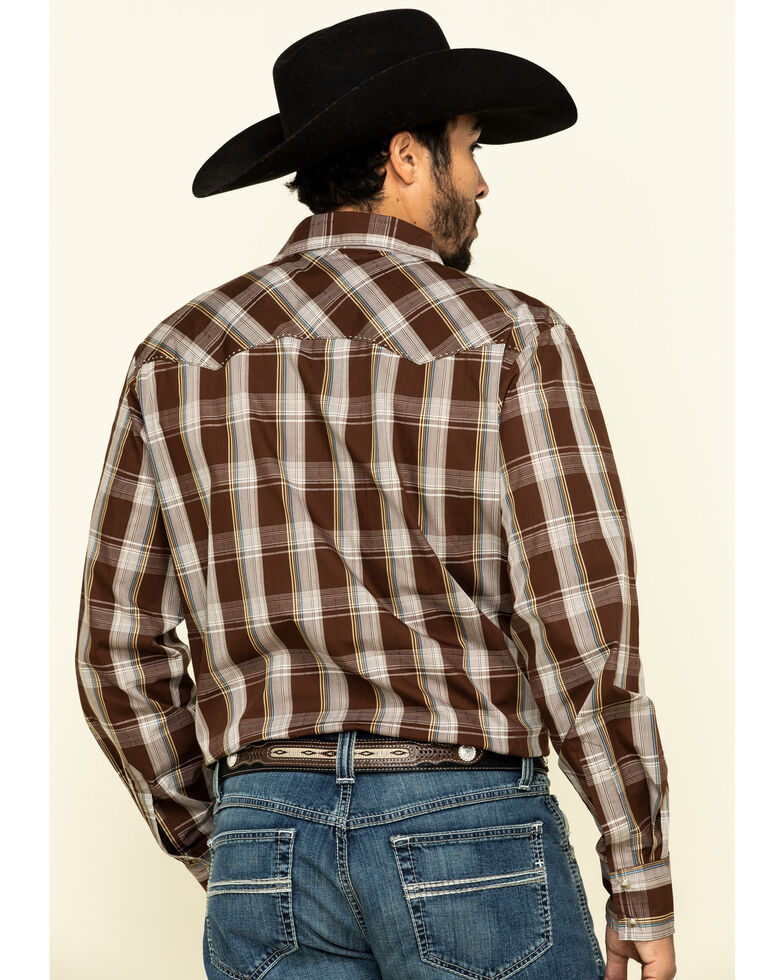 Wrangler Men's Fashion Snap Brown Large Plaid Long Sleeve Western Shirt , Brown, hi-res
