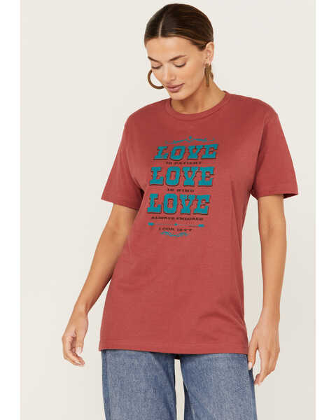 Image #1 - Kerusso Women's Love Love Love Short Sleeve Graphic Tee, Rust Copper, hi-res