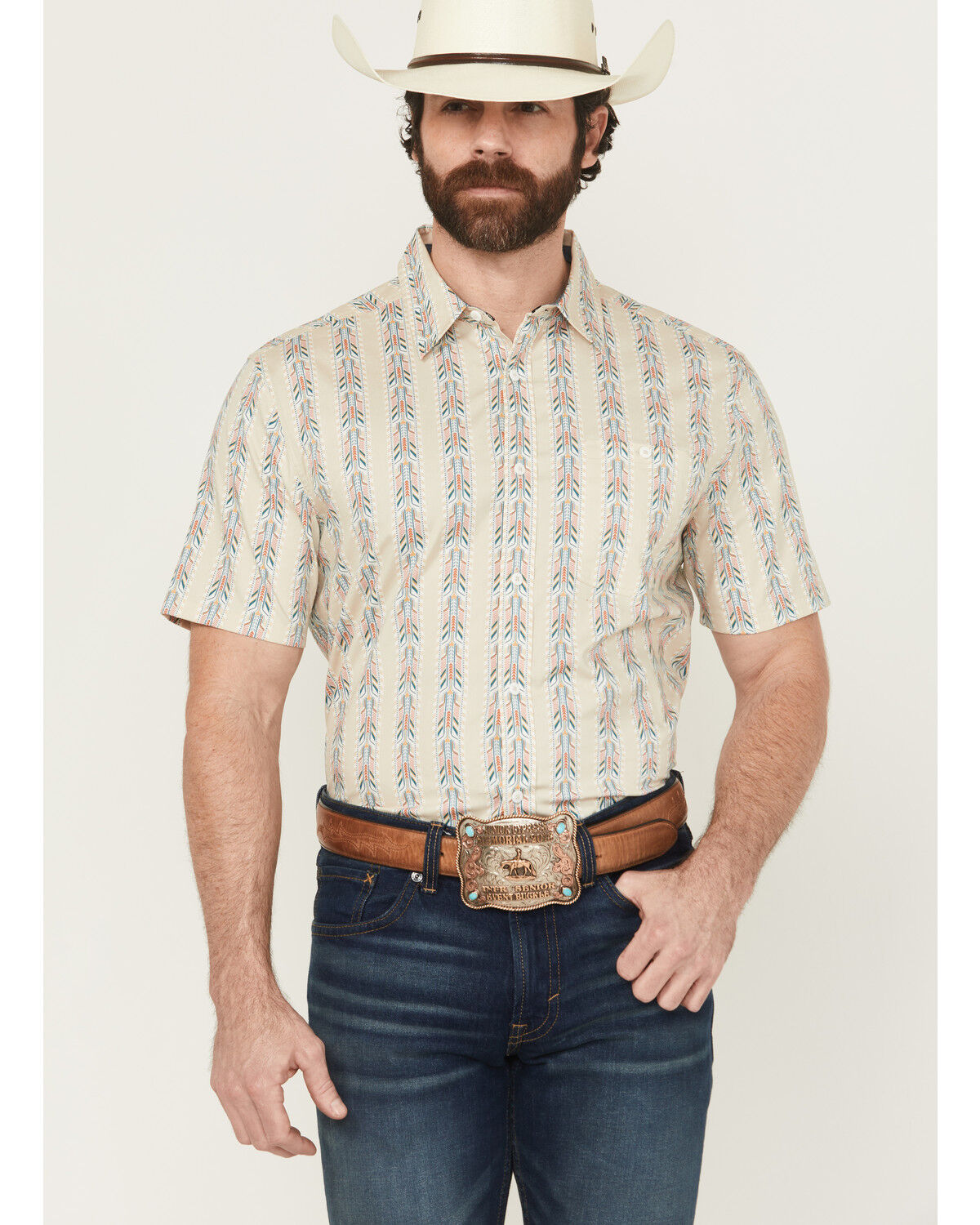 Image #1 - RANK 45® Men's Lone Star Southwestern Short Sleeve Button-Down Stretch Western Shirt, Tan, hi-res