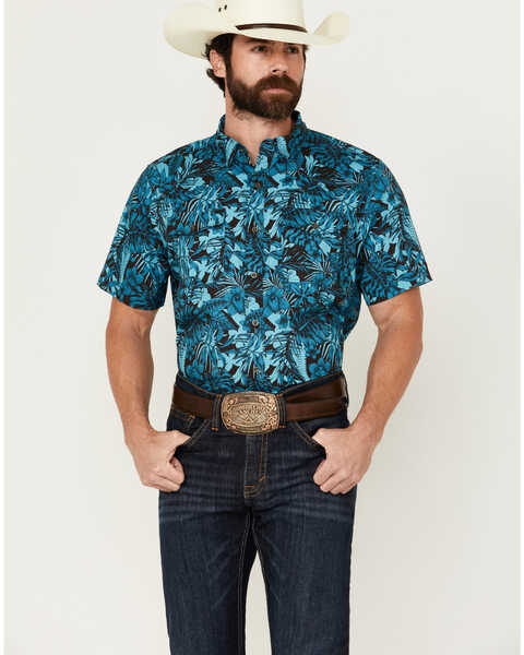 Ariat Men's VentTEK Floral Print Fitted Short Sleeve Button-Down Western Shirt , Teal, hi-res