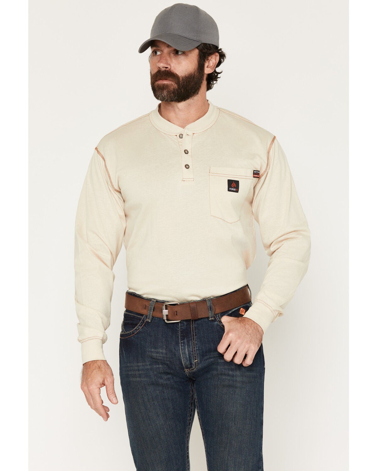 Image #1 - Forge Workwear Men's FR Solid Long Sleeve 1/4 Button-Down Henley Work Shirt, Sand, hi-res