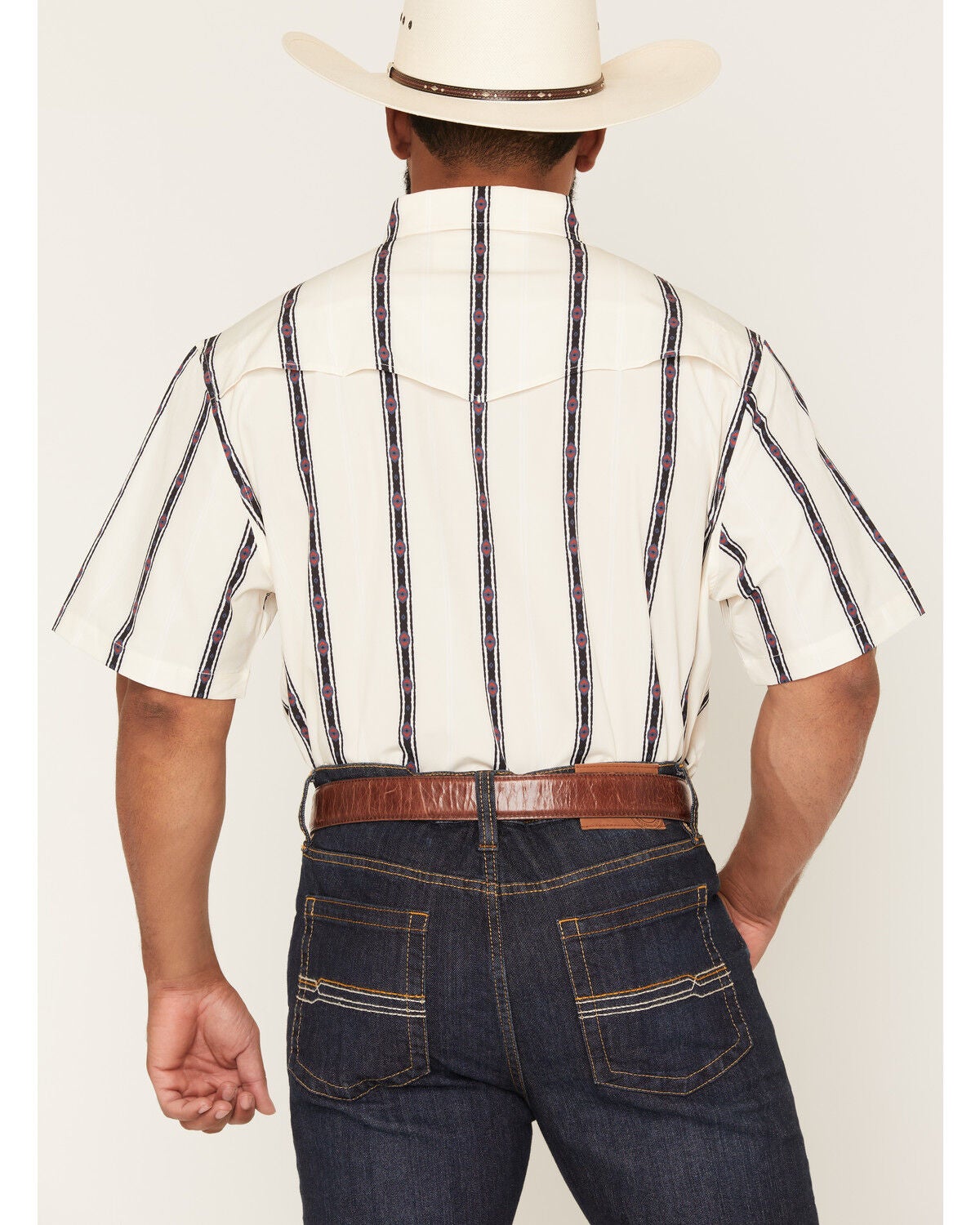 Image #4 - Ferrell Men's Tek Outlaw Southwestern Striped Print Short Sleeve Snap Performance Western Shirt, White, hi-res