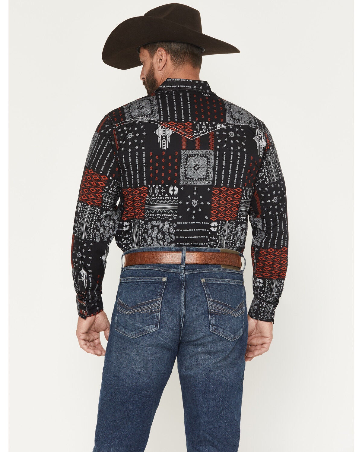 Image #4 - Cowboy Hardware Men's Southwestern Bandana Print Long Sleeve Snap Stretch Western Shirt, Black, hi-res