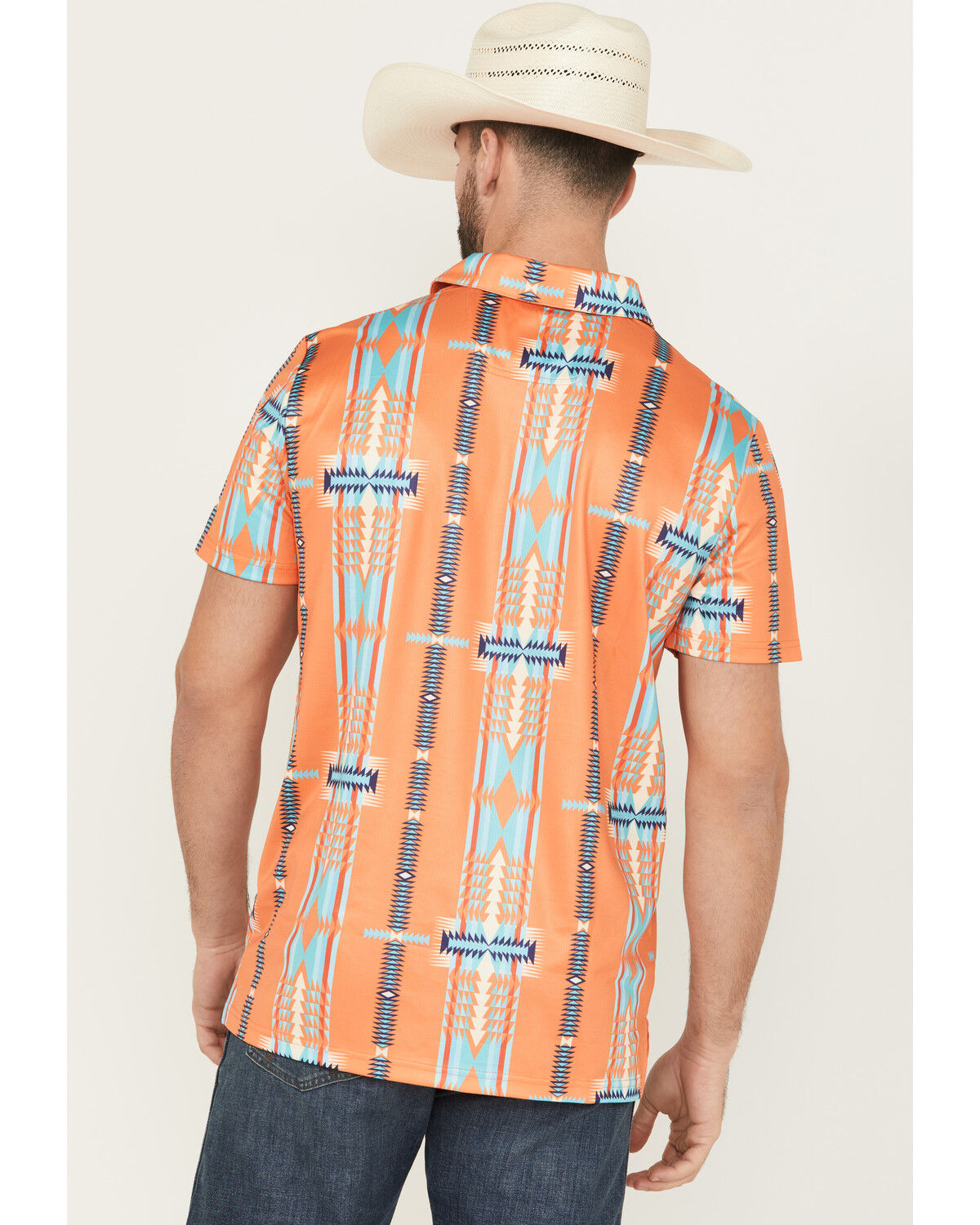 Image #4 - Rock & Roll Denim Men's Boot Barn Exclusive Southwestern Striped Short Sleeve Button-Down Polo, Orange, hi-res