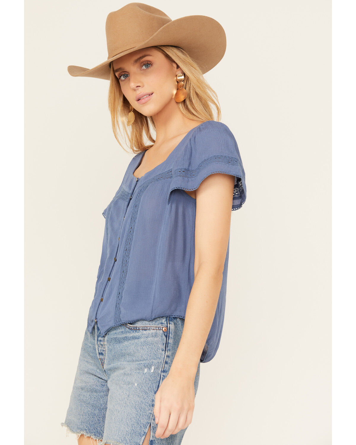 Image #2 - Jolt Women's Peasant Short Sleeve Button-Down Shirt, Navy, hi-res